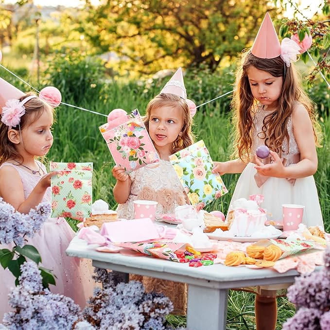Tinlade 100 Pcs Tea Party Gift Bags 5 x 7 Inch Spring Party Treat Pouch Floral Paper Favor Bag Self-adhesive Floral Candy Pouches for Tea Wedding Bridal Shower Birthday Mother's Day Supply (Flower)