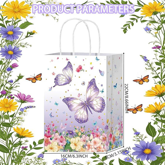 HongXingHai 16Pcs Butterfly Party Favors Gift Goodie Bags Pink Purple Flowers Treat Candy Small Floral Paper Bags with Handles for Kids Birthday Party (Butterflies, 16)