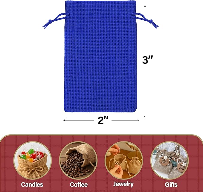 Mandala Crafts 2x3 Inch Royal Blue Burlap Drawstring Gift Bags for Favors - 50 Mini Linen Sacks Gift Pouches for Candy, Jewelry, Wedding, and Party Supplies