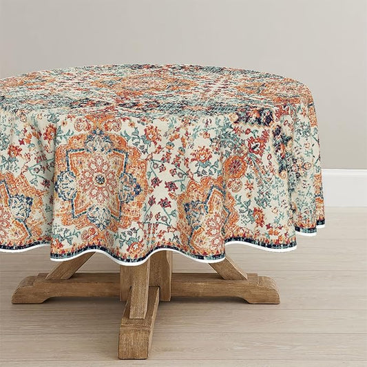 Horaldaily Boho Bohemia Style Tablecloth 60x60 Inch Round, Vintage Country Rustic Farmhouse Magical Fall Orange Washable Seasonal Table Cover for Party Picnic Dinner Decor