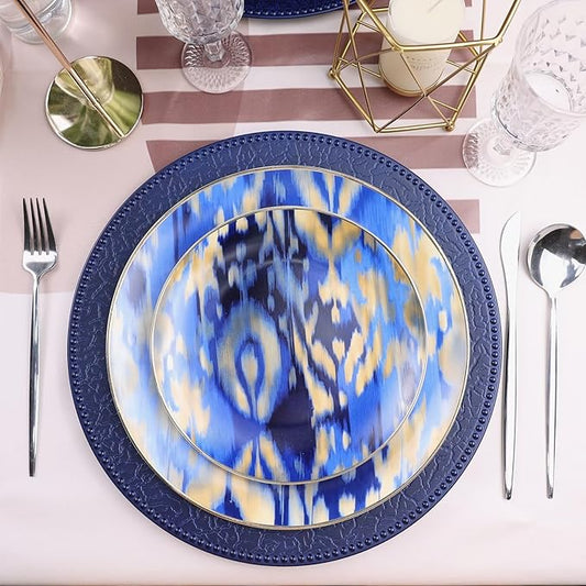 Navy Blue Charger Plates with Beaded Rims, Set of 6 Plastic Wedding Bulk Plate Charges for Dinner Plates, Table Decoration, Holiday, Thanksgiving, Christmas.