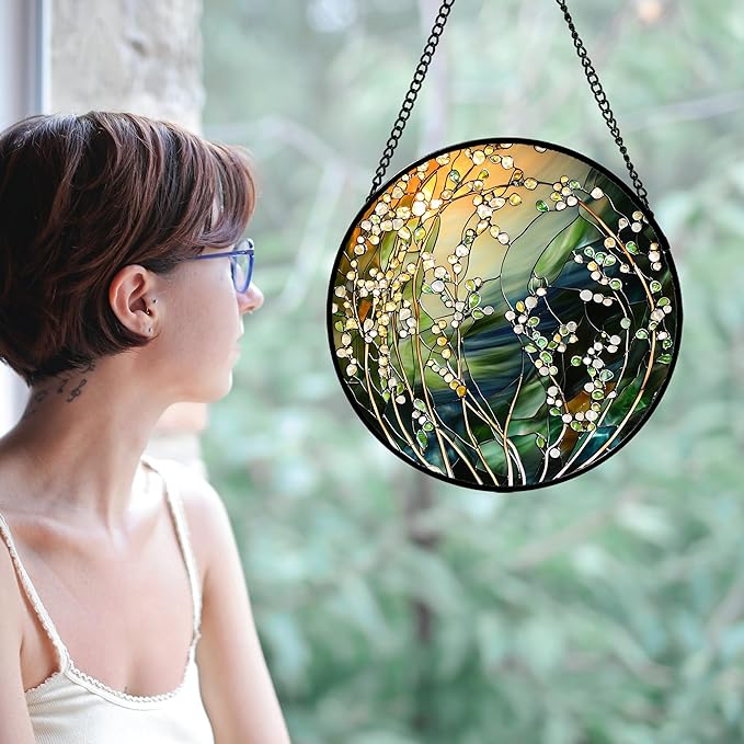 Stained Glass Suncatcher, Yellow Green Gradient Flower Sun Catcher Plants Stain Glass Window Hanging Decoration Mother's Day Birthday Gifts for Women Men Mom and Nana 11.8 in