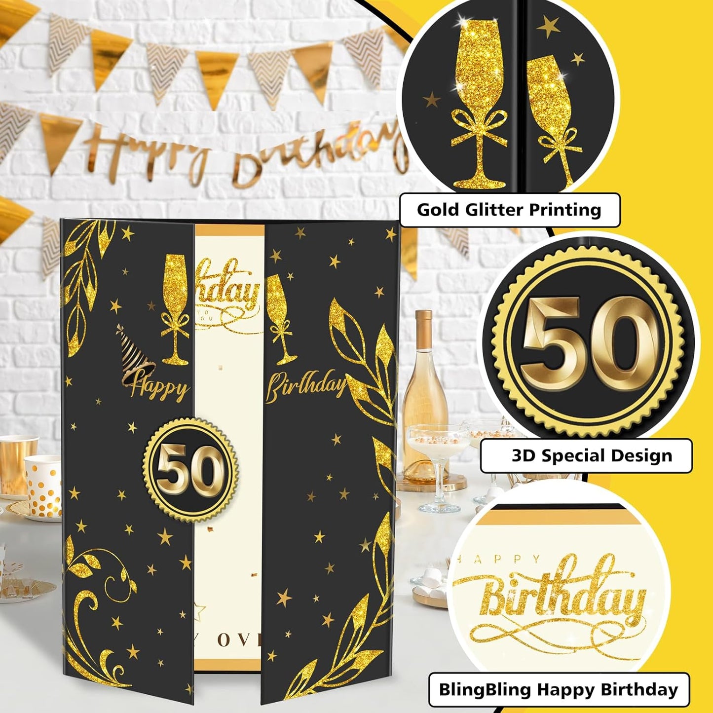 50th Birthday Guest Book Black Gold Party Decorations 16.73x11.8inch,50 Years Birthday Signature Poster Card Gift Giant Guest Sign in Book Fifty Birthday Party Keepsake -Table Centerpiece Decor