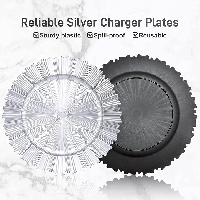6 Pcs Silver Charger Plates,13 Inch Elegant Fluted Edge Plastic Charger Plates Reusable Table Chargers for Dinner Birthday Wedding Party Bridal Showers Tableware Dishes Luxury Decor
