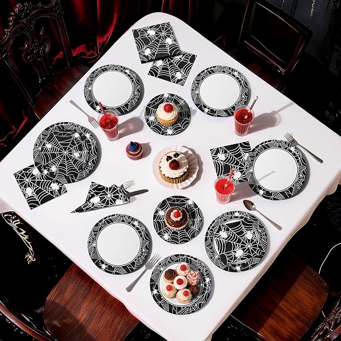 75pcs Spider Party Supplies, Disposable Paper Plates & Napkins, Tableware Decorations Favors, Including 9" & 7" Plates & Napkins for Halloween, Birthday, Parties, and Everyday Use