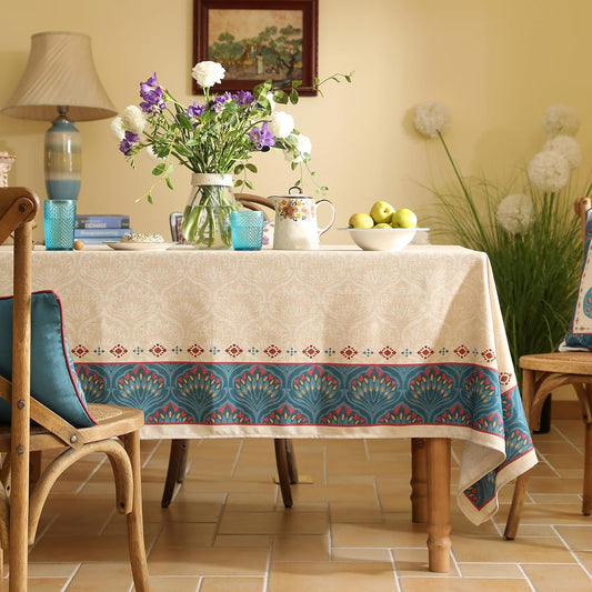 Vintage Beige Linen Long Rectangle Tablecloth,Paisley Farmhouse Feather Floral Pattern Table Cloth,Decor Table Cover for Kitchen,Dining,Thanksgiving,Christmas,63"*94"-Dorodango F