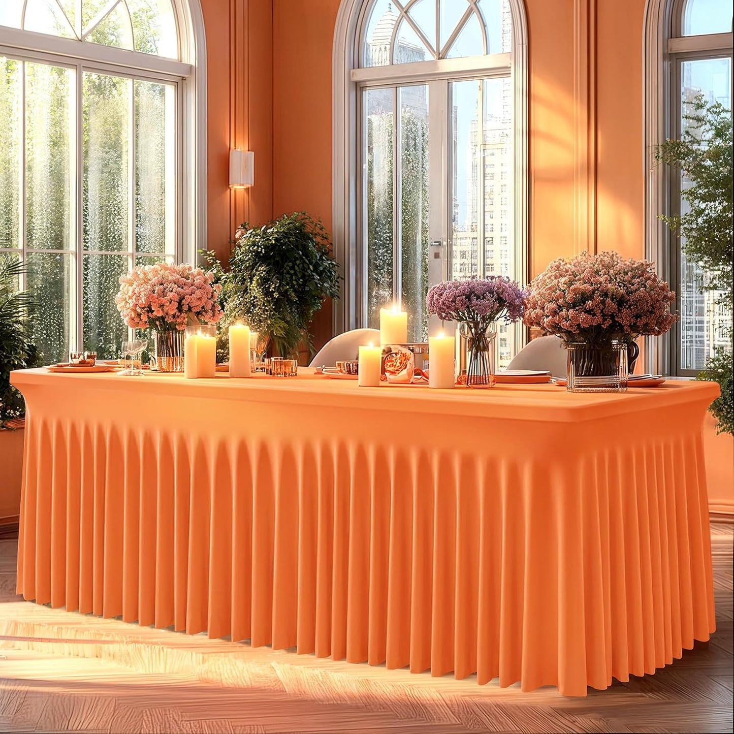 6 Packs Orange Spandex Tableclothes for 6 Foot Rectangle Table, Spandex Table Covers 6FT Stretch Table Skirts Rectangle Wrinkle Free Fitted Tablecover for Event, Wedding, Banquet & Parties