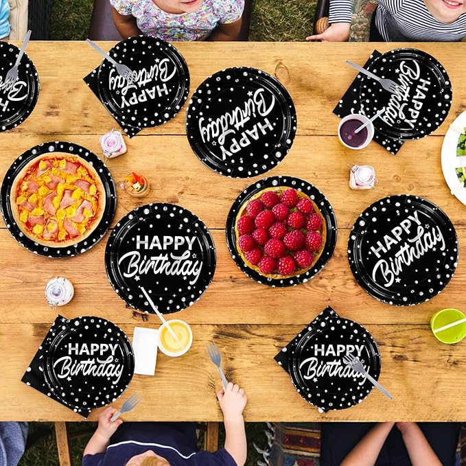 Grencian 96Pcs Black and Silver Happy Birthday Party Supplies Decorations Silver Star Polka Dots on Black Paper Plates and Napkins Disposable Dessert Tableware Set for Women Men Adult Party Serves 24