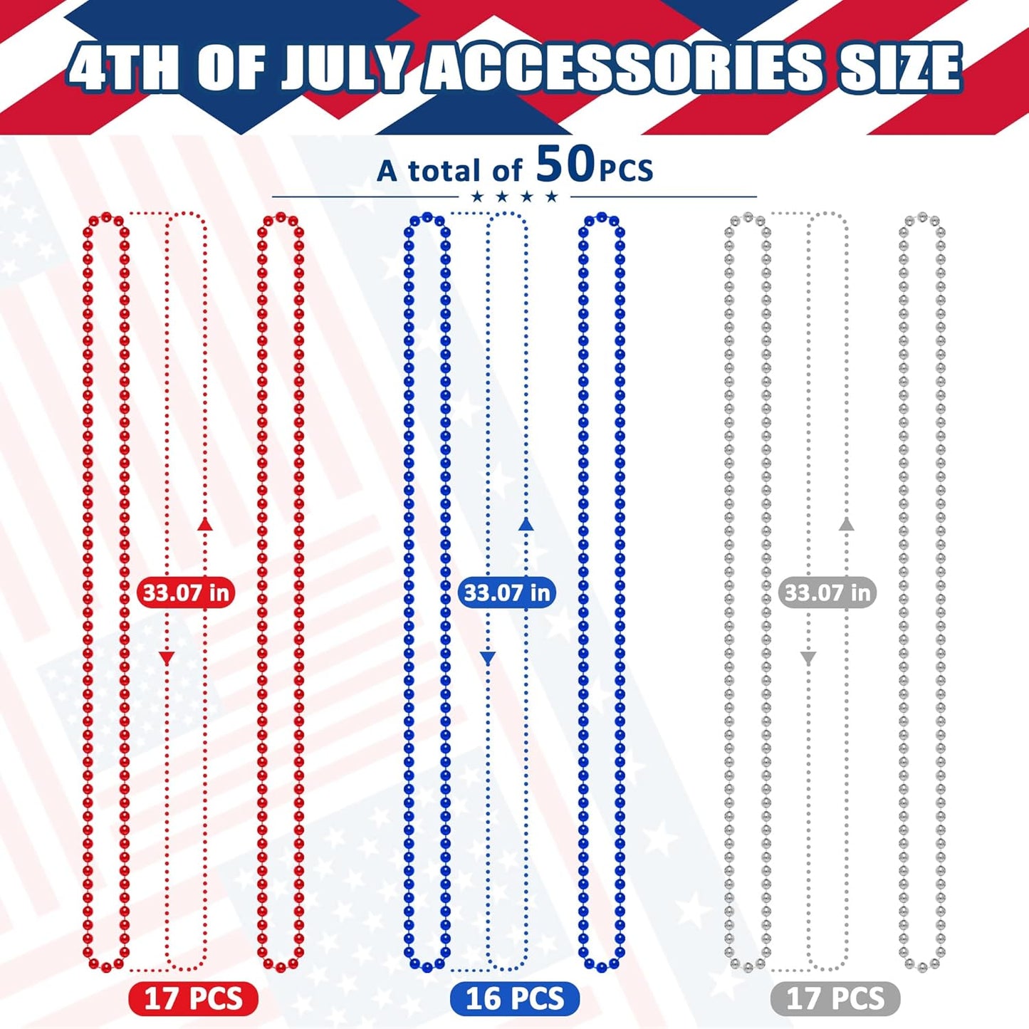 4th of July Necklace Party Favors, 50PCS 4th of July Round Beads Necklace Bulk, Fourth of July Red Blue Silver Necklace, Independence Day Beads Bulk for Patriotic Parade Party Celebration Favor Decor