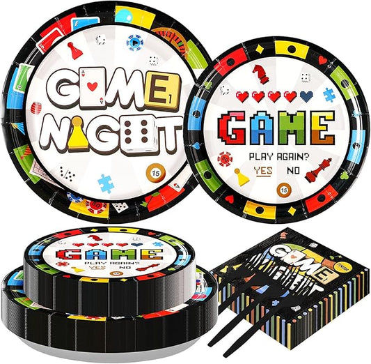 Grencian 200Pcs Family Game Night Decorations Game Night Plates and Napkins Disposable Gamer Paper Tableware Set for Adults Family Gathering Birthday Gaming Theme Party Supplies, Serves 50