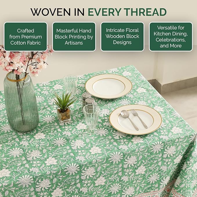 Labhanshi Indian Block Print Table Cloth-Floral Handmade Cotton Rectangle Linen Tablecloth 72x108 Inch| Spring St. Patrick Party Birthday Easter Table Cloth|8 Seater Camping Table Cover|Green Leaf