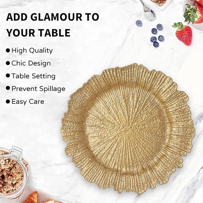 MAONAME 13" Gold Charger Plates Set of 50, Reef Plate Charger Bulk, Round Chargers for Dinner Plates, Plastic Table Chargers for Wedding Decor