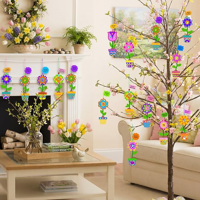 Frienda 48 Set Spring Potted Flower Craft Kit Make Your Own Tulip Sunflower Pot Craft DIY Potted Flower Ornaments Decorations Gift for Kids Classroom Activities Birthday Mother's Day Party Favors