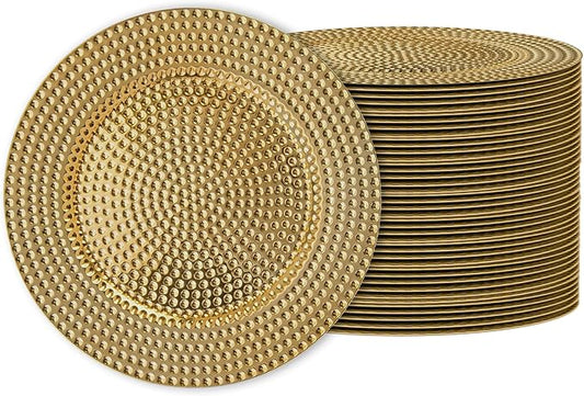 JEVERGN 40 Pack Gold Charger Plates Bulk, 13" Hammered Chargers for Dinner Plates, Gold Plate Chargers Set of 40, Round Plastic Charger for Wedding, Party Event, Dinner, Table Setting