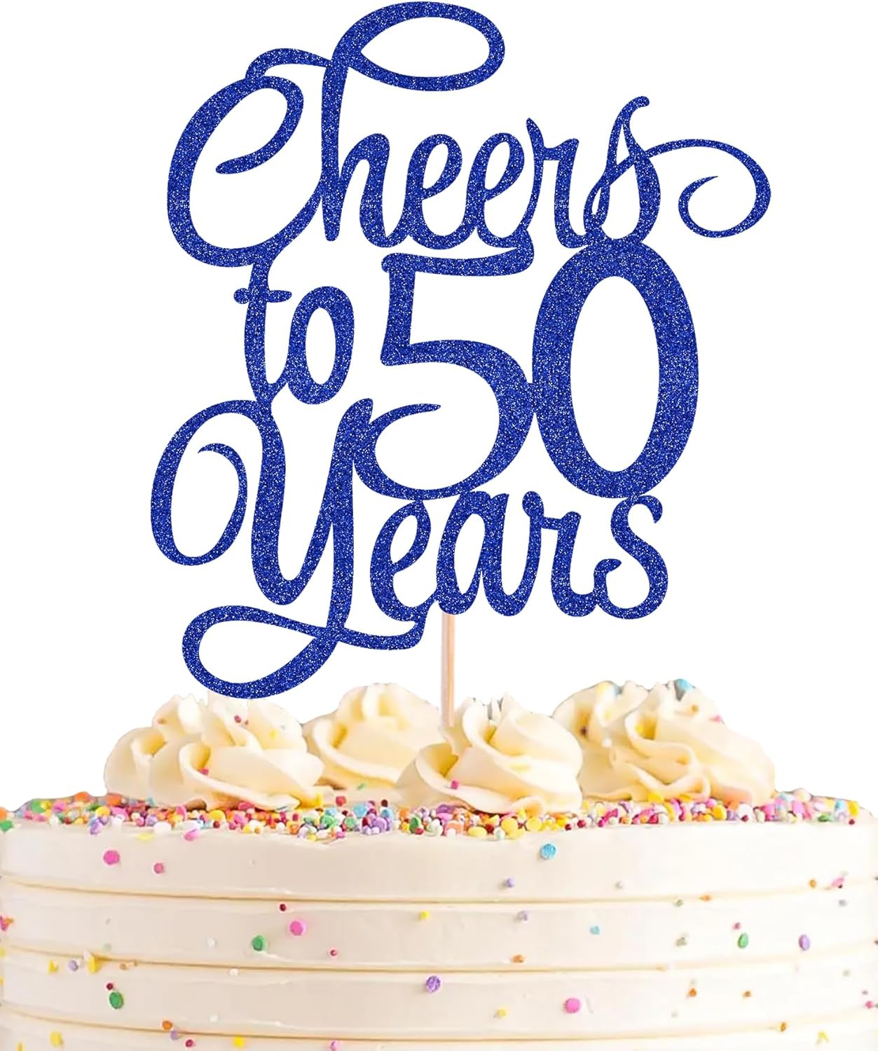Cheers to 50 Years Cake Topper - Royal Blue Glitter 50th Birthday Cake Decorating Supplies, Perfect for 50th Anniversary or Fifty Birthday Party, Photo Booth Props