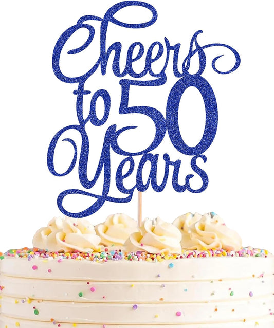 Cheers to 50 Years Cake Topper - Royal Blue Glitter 50th Birthday Cake Decorating Supplies, Perfect for 50th Anniversary or Fifty Birthday Party, Photo Booth Props