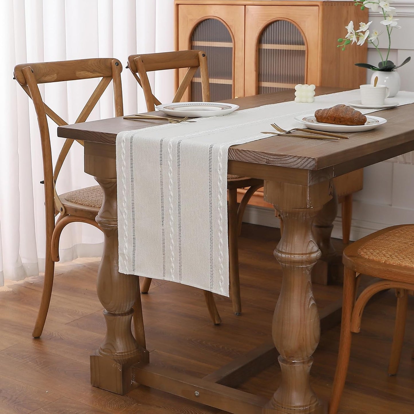 Gernaice Boho Table Runner, Rustic Cotton Linen Farmhouse Table Runners for Holiday Wedding Dining Living Room Bedroom Home Decor, 90" L X 13" W Ivory