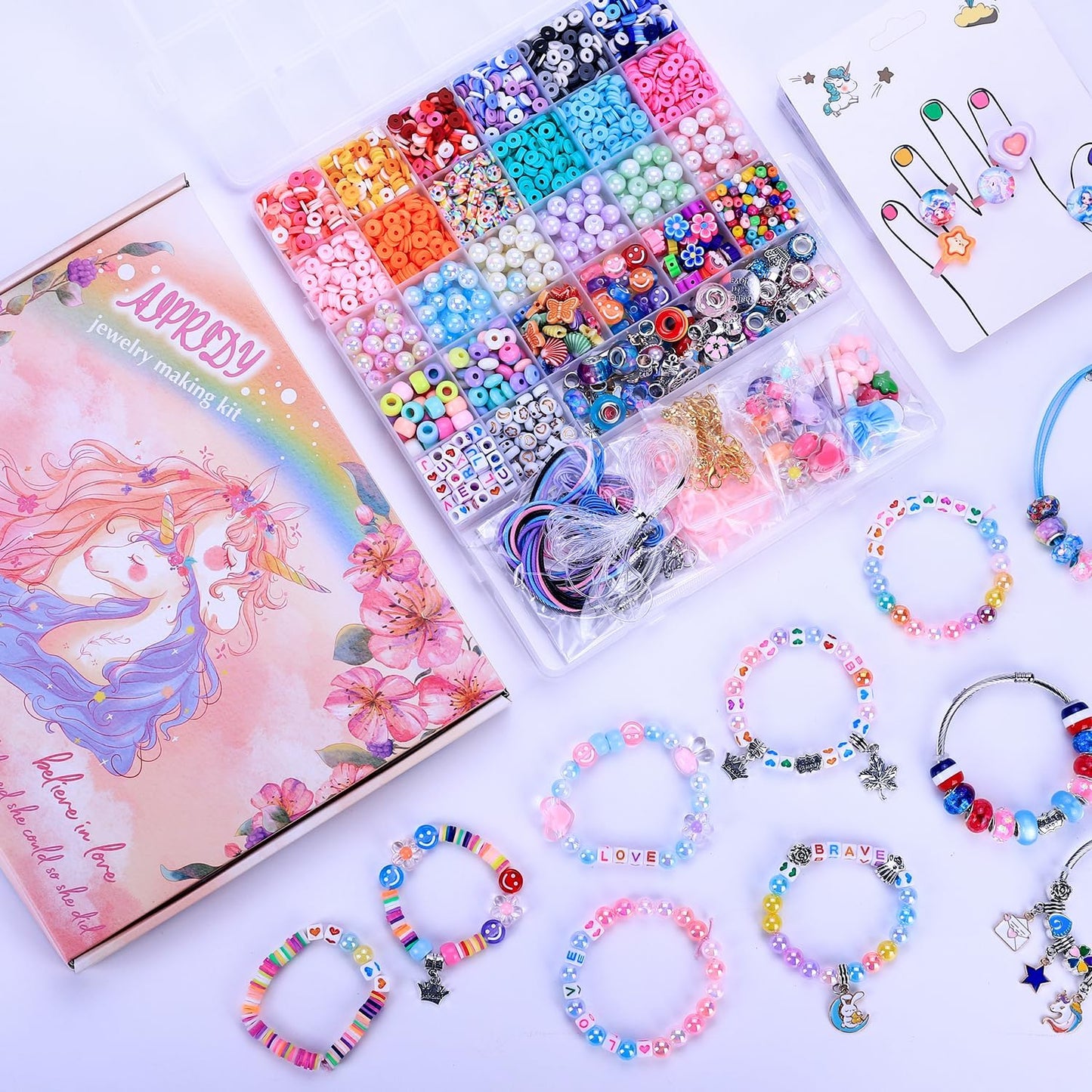 AIPRIDY 3200 Pcs Unicorn Jewelry Activity Kit,Clay Beads Bracelet Making Kit,Flat College Style Beading for Friendship Jewelry Making,Crystal Time Gem Ring Gifts,DIY Crafts for Teen Girls(Pink)