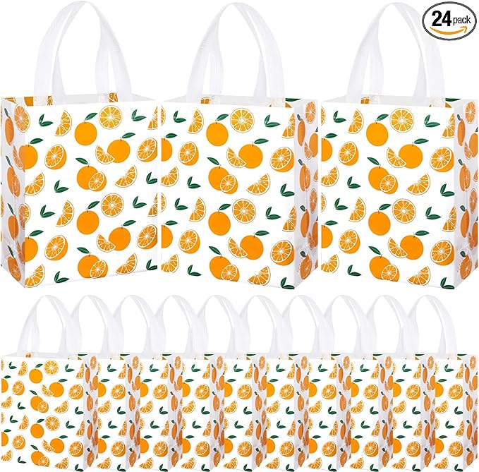 Supervitae 24 Pack Cutie Gift Bags Medium Goodie Orange Citrus Party Favor Bags Reusable Non Woven Totes for Fruit Birthday Wedding Baby Shower Party Family Holiday Travel(9.8" x 7.9" x 3.9")
