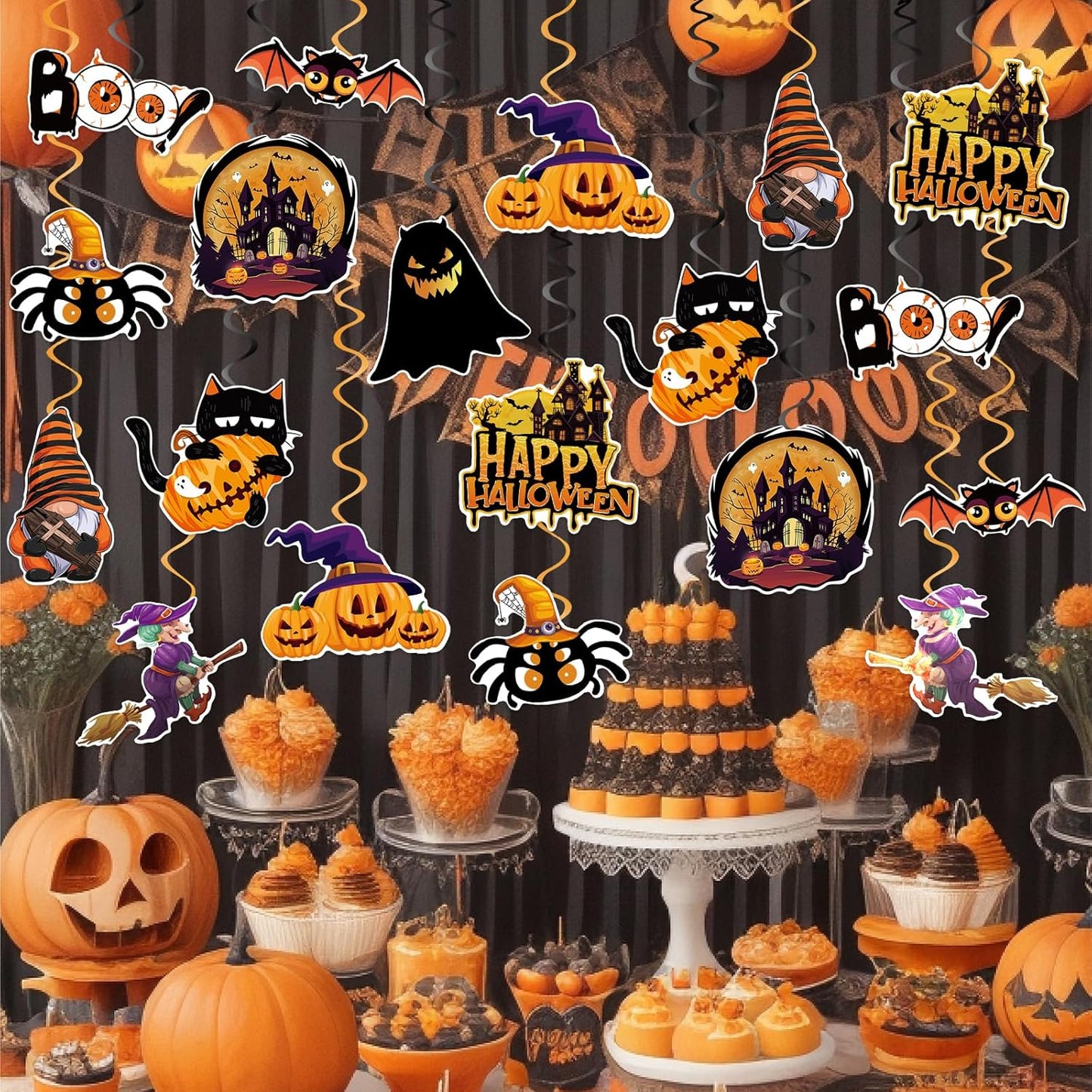 40Pcs Halloween Hanging Swirl Decorations, Scary Ghost Pumpkin Witches Ceiling Hanging Swirls Streamers Boo Hanging Decorations for Halloween Party Decorations Supplies