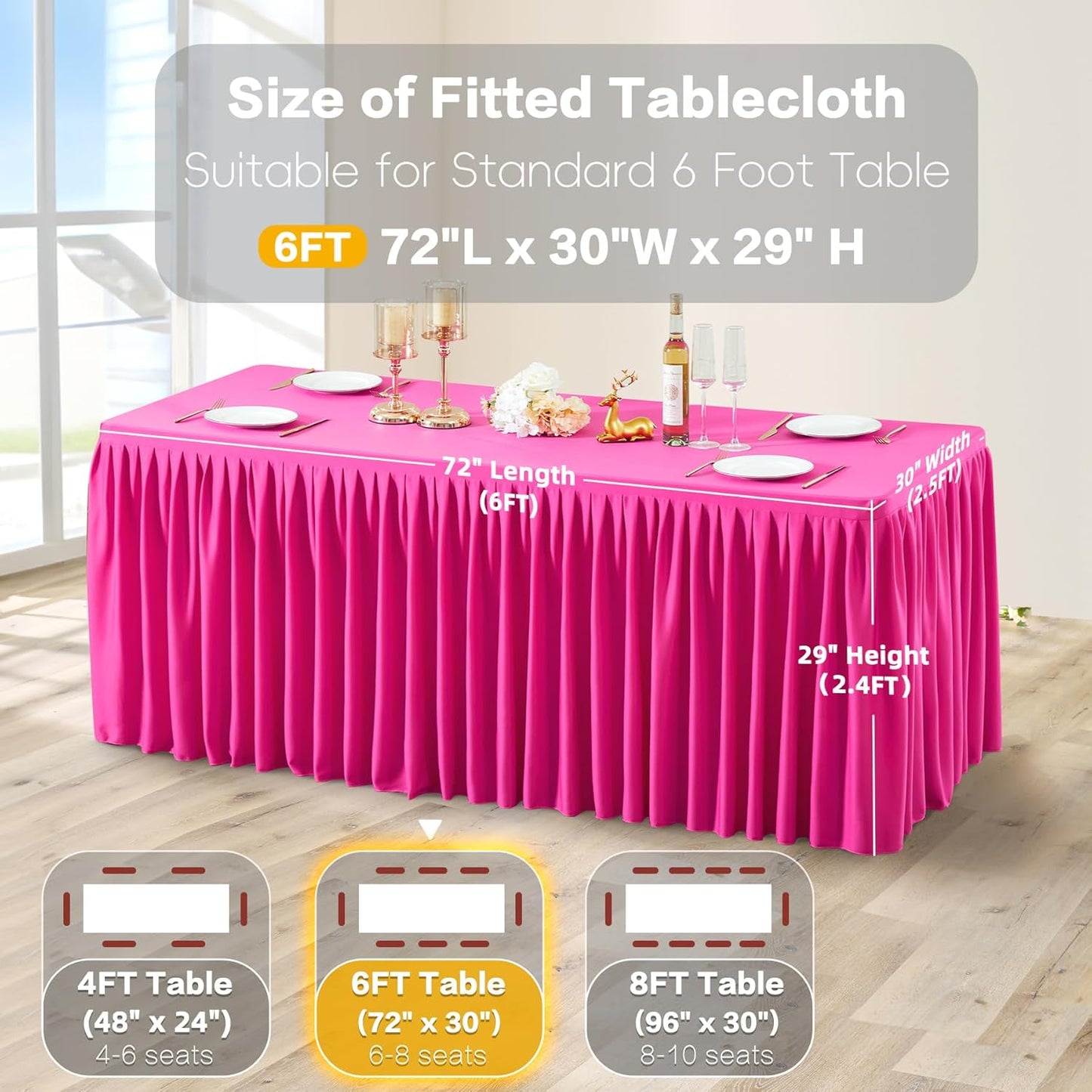 Hot Pink Table Clothes for Rectangle Tables 6ft, Wrinkle Resistant Fitted Table Cloth with Pleated Ruffle Skirts for Banquet Wedding Baby Shower Folding Tables