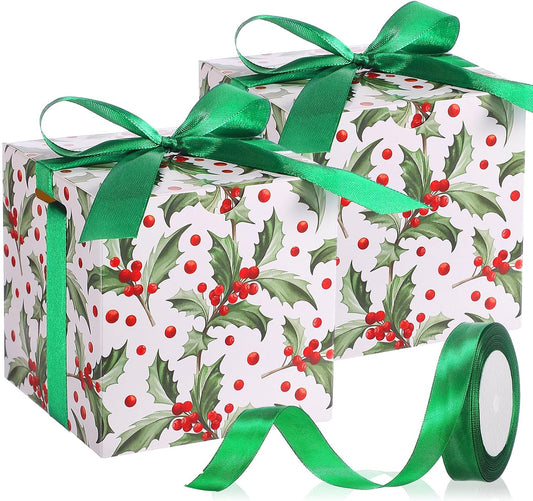 Dispowreath 48 Pcs 4x4x4 Christmas Gift Boxes with Ribbon Xmas Small Box with Lids Treat Boxes for Gift Wrapping Ornaments Wedding Holiday Birthday Party Favor(Berry Branch)