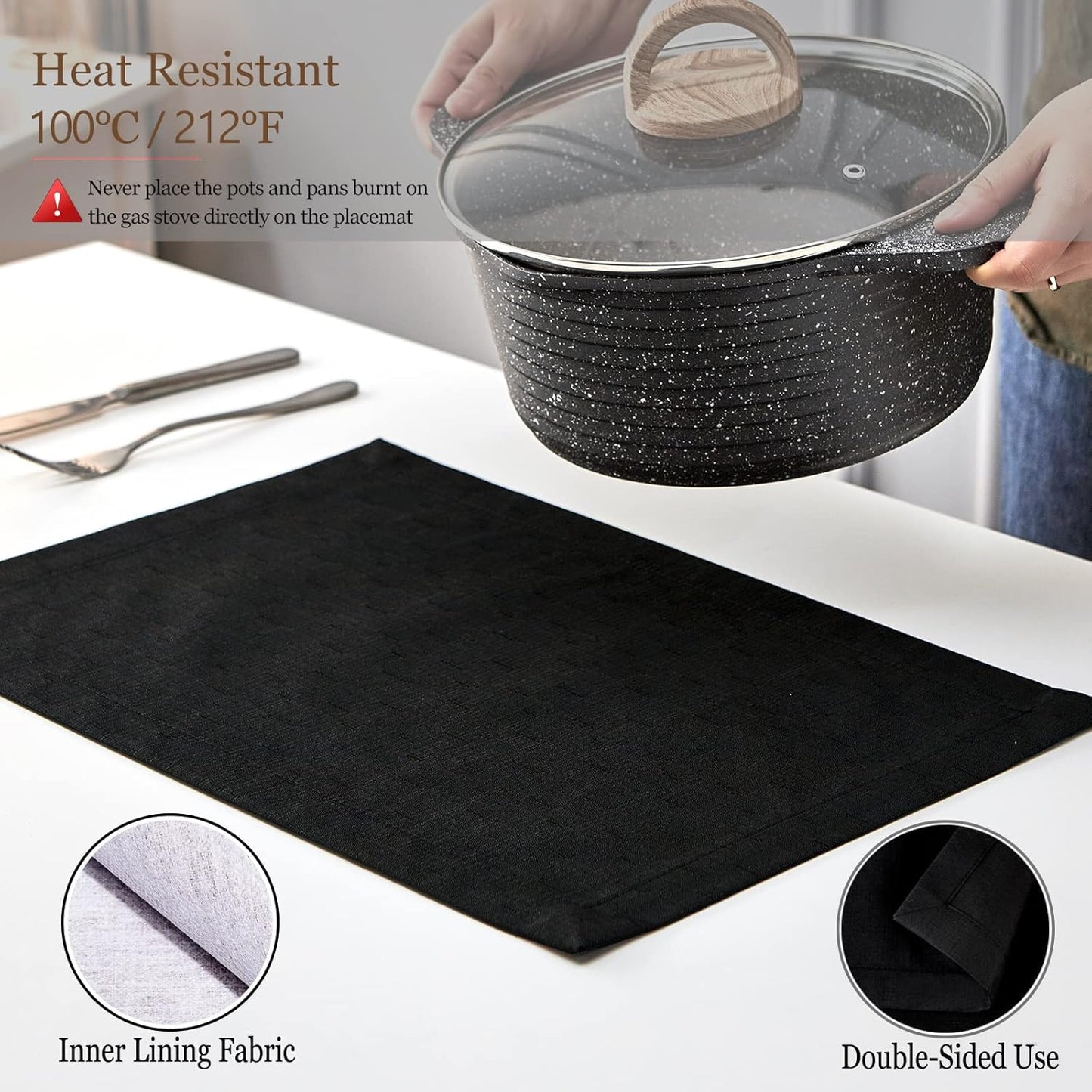 Mebakuk Cloth Placemats, Machine Washable Linen Style Thick Place Mats, Heat Resistant and Easy to Clean Fabric Table Mats for Kitchen Dining Table (Black, Set of 6)