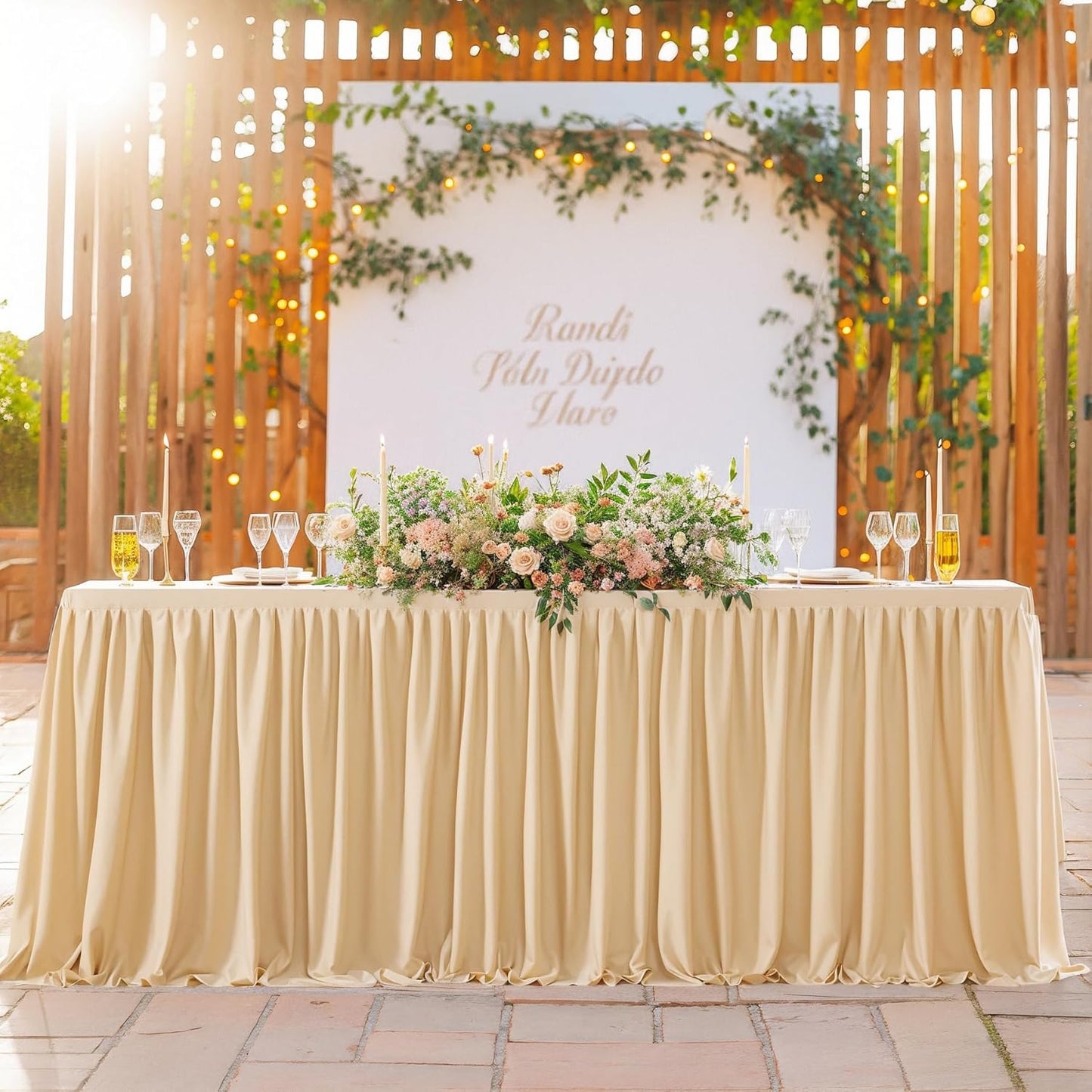Deep Champagne Polyester Table Clothes for 8 Foot Rectangle Tables, Wrinkle Free Fitted Table Cover with Pleated Ruffle Table Skirt for Birthday Party Wedding Trade Show Event Display