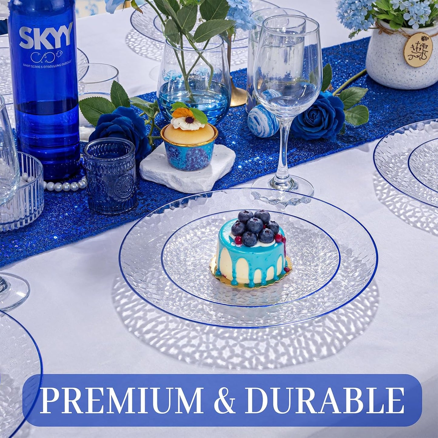 Rubtlamp 60Pcs Blue Plastic Plates, Clear Disposable Plates With Blue Rim, Heavy Duty Fancy Party Plates, Hammered Disposable Plates Include 30 Dinner Plates, 30 Dessert Plates For Wedding
