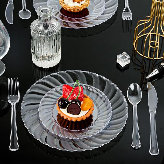 FOCUSLINE 100 Count Clear Plastic Plates 9 Inch, Disposable Heavy Duty Dinner Plates- Premium Hard Plastic Plate Fancy Disposable Clear Plates for Weddings, Parties and Events