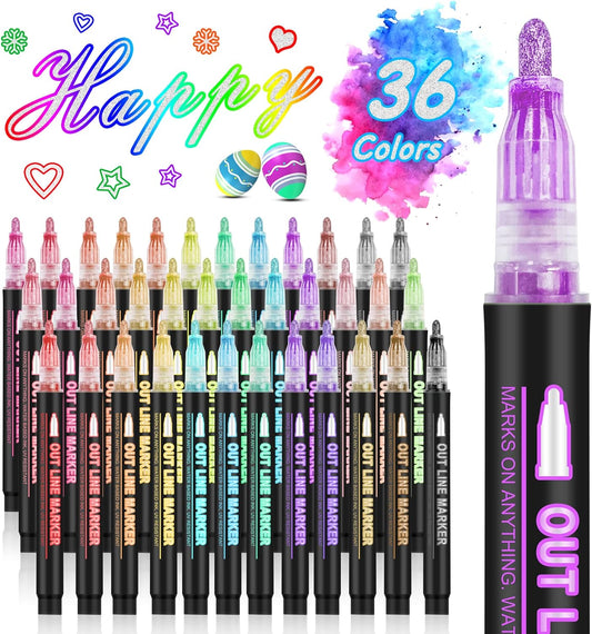 Double Line Outline Markers, 36 Colors Super Squiggles Shimmer Outline Marker Pen Set, Self Outline Metallic Markers Glitter Writing Drawing Pens for Birthday Greeting Card, Doodling, DIY Art Crafts