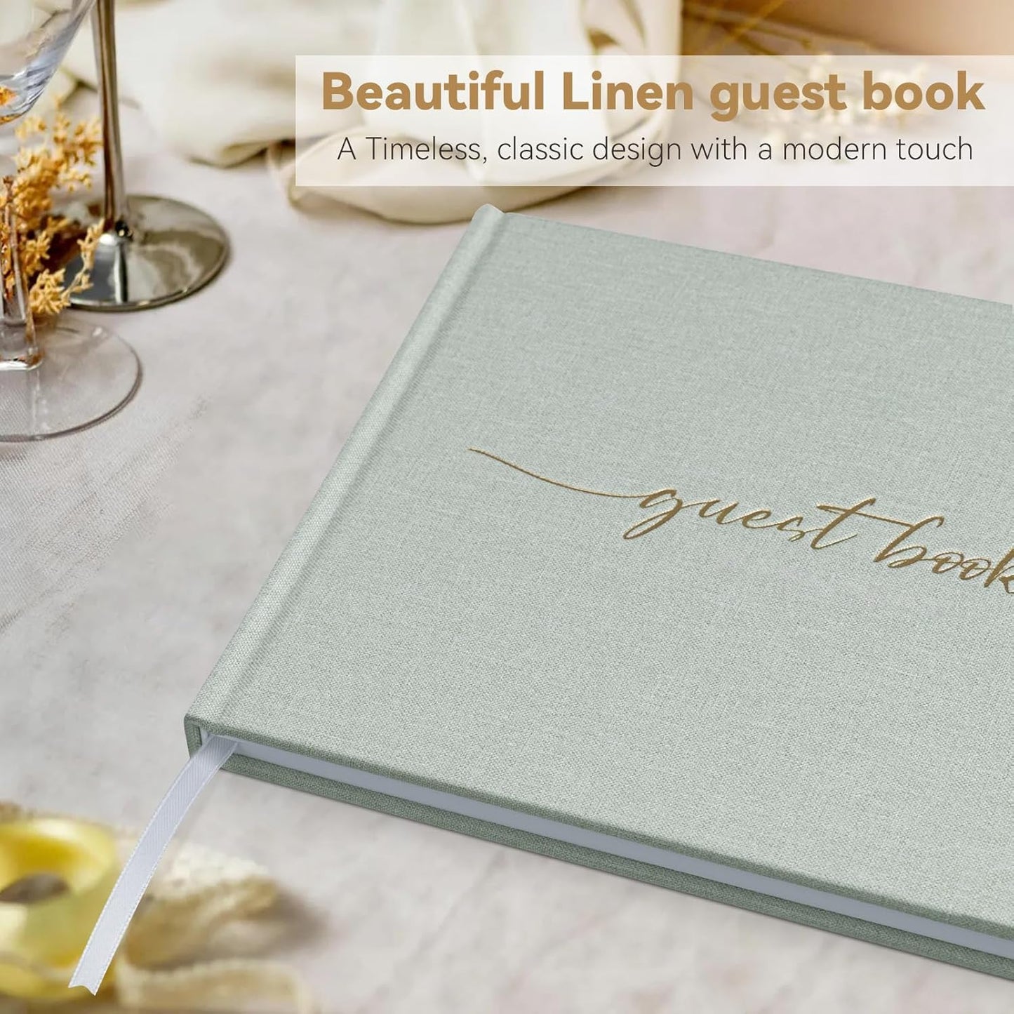 Linen Wedding Guest Book for Guests to Sign - The Perfect Photo Guest Book for Wedding Reception Bridal Shower,Baby Shower - 100 Pages Blank and Lined Acid Free Paper (Sage Green, No Year)