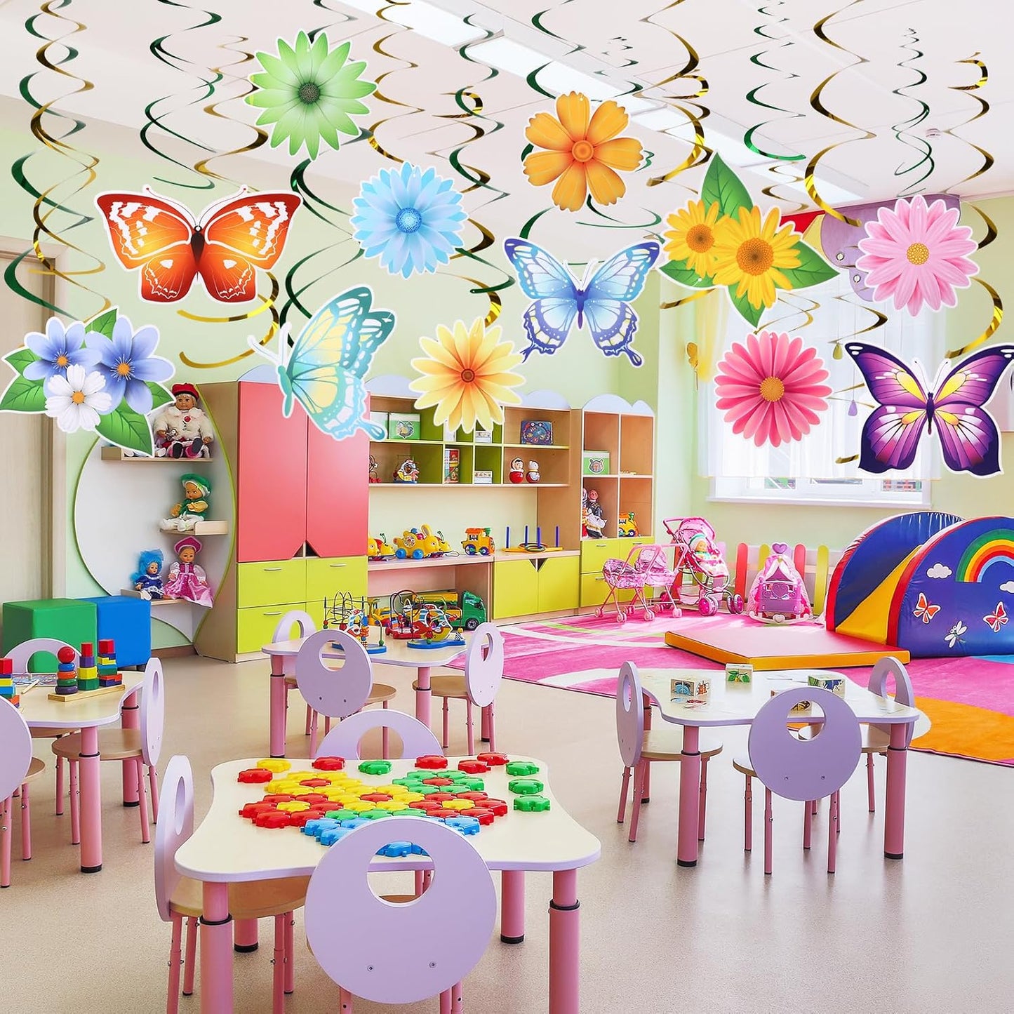 36 Pcs Butterfly Flower Party Decoration Hanging Swirl Streamer Hanging Ceiling Paper Flora Butterfly Decoration for Summer Spring Wedding Home Garden Girl Birthday Baby Shower Tea Party