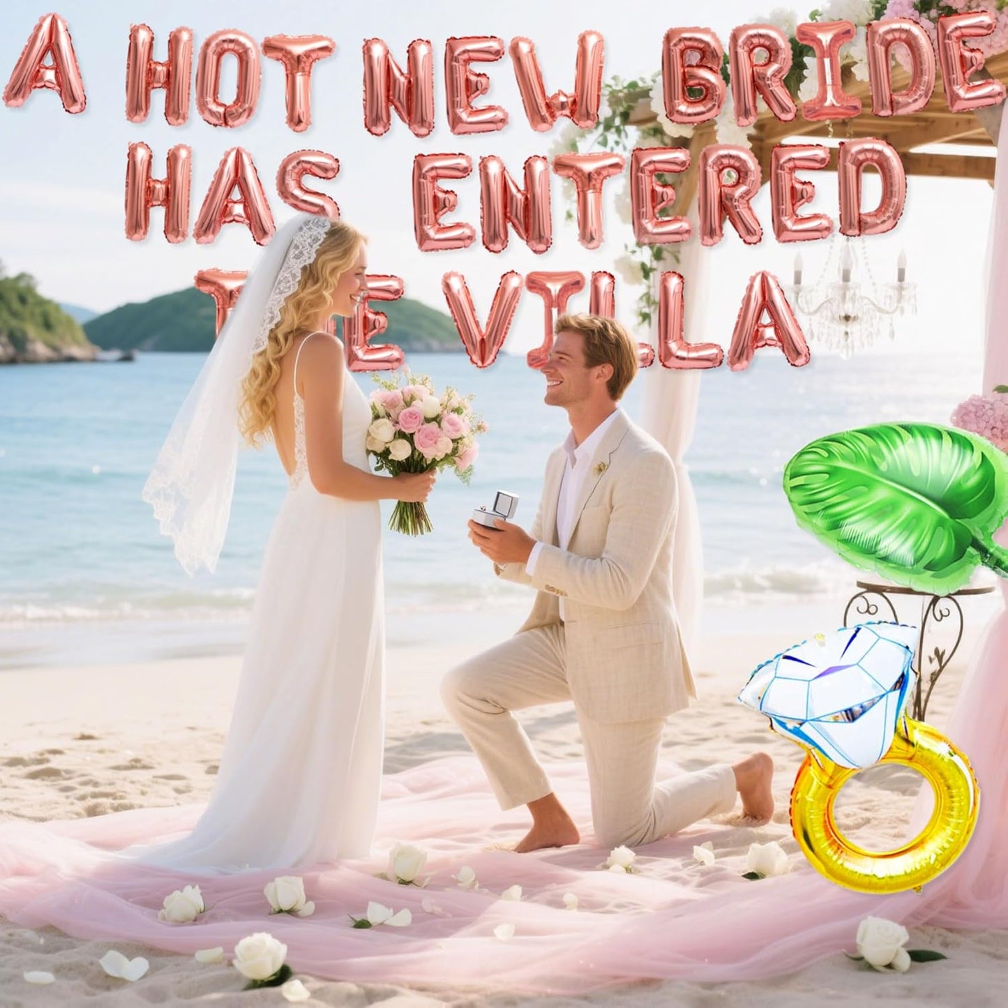 A Hot New Bride Has Entered The Villa Banner Balloons Palm Tree Ring Mylar Balloon for Love Island Themed Bachelorette Party Decorations