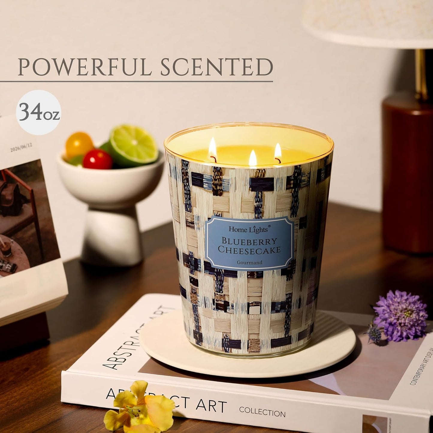 HomeLights Scented Candles for Women & Men, 34oz Candle Jars Aromatherapy 3-Wick Candle, Ideal for Rustic Modern Home Decor and Gifts, Blueberry Cheesecake