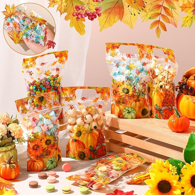 Blosssound 50 Pcs Thanksgiving Gift Bags Resealable Fall Goodie Bags Pumpkin Plastic Pouches Maple Leaf Sealing Pouches with Handles for Autumn Harvest Party Gift Wrapping Supplies Decor (Maple Leaf)