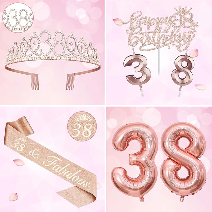 38th Birthday Decorations for Women, Including 38th Birthday Sash and Tiara, Cake Topper and Candles, Number Balloons, 38 Year Old Gifts for Women