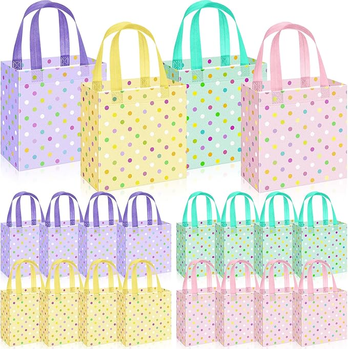 Sweetude 16 Pcs Pastel Dots Easter Gift Bag with Handles Non Woven Reusable Goodie Bags for Mother's Day Women Wedding Birthday Baby Shower Spring Party Favors