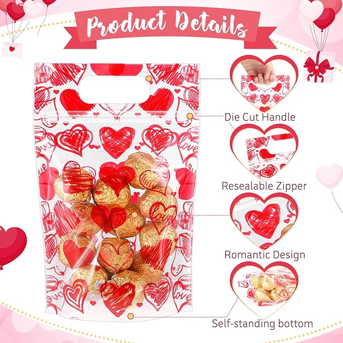 Blosssound 50 Pcs Valentine's Day Gift Bags Valentines Standing Plastic Reusable Red Heart Bag with Handles Galentines Day Wrapping Pouch for Classroom Wedding Birthday Party Favor (Mixed Valentines)