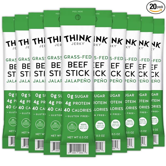 Think Jerky Jalapeno Beef Sticks, Gluten and Sugar Free, No Nitrates, Keto Paleo Friendly High Protein Low Carb Meat Snack - 0.5 oz Sticks, 20 Pack