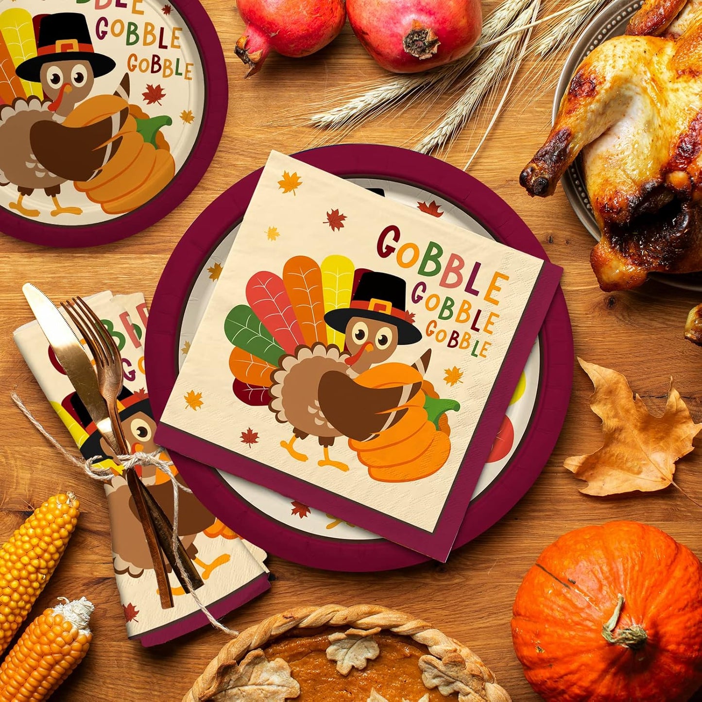 Turkey Thanksgiving Party Supplies Kit, Autumn Disposable Dinnerware Includes, Paper Dinner Plates, Dessert Plates, Luncheon Napkins and Beverage Napkins, for Fall party Decorations, Serve 50