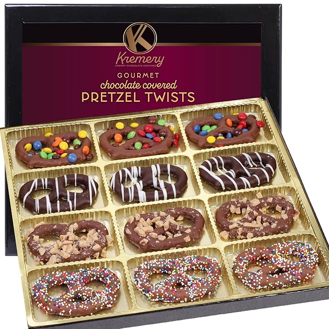 KREMERY Creamy Chocolate Cravings - Halloween Treats For Adults Chocolate Covered Pretzel Twists Gift Basket, in Sectional Gift Box (12 Pretzels, Assorted Sweet Toppings) Holiday Xmas Christmas