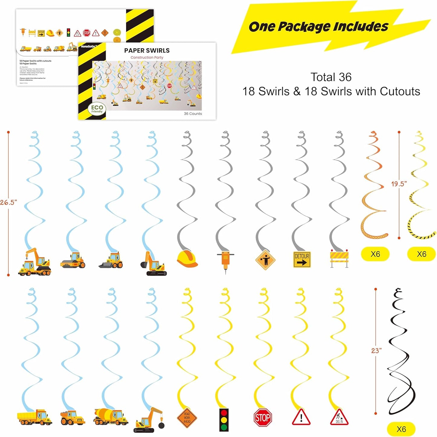 Construction Theme Hanging Swirl Decorations, 36PCS Construction Party Ceiling Streamers with Preassembled Hooks, Trucks, Helmets, Signs & More—for Birthdays, Events, or Work Zone Theme Decor