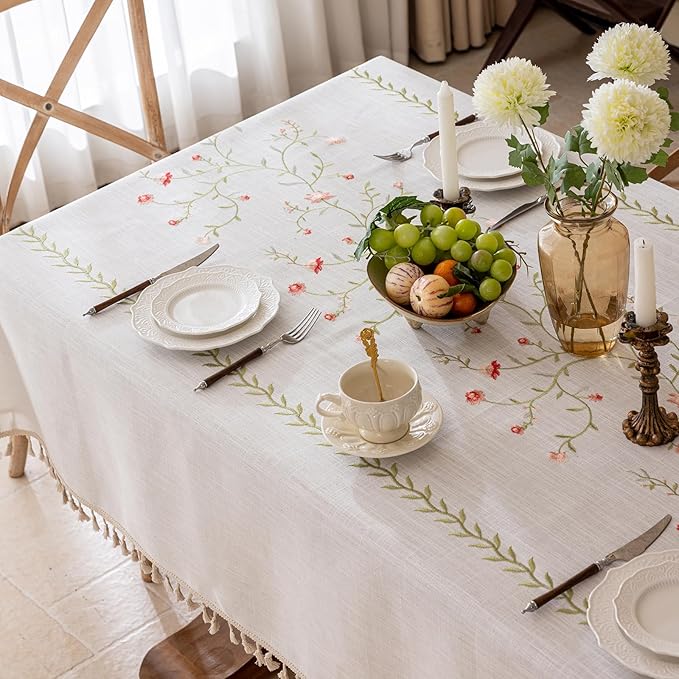 Joyfol Day Linen Waterproof Tablecloth with Tassels, Rustic Farmhouse Flowers Embroidery Table Cloths for Rectangle Tables, Heavy Weight Spill-Proof Table Covers, Pink Florals, 55''x 102''