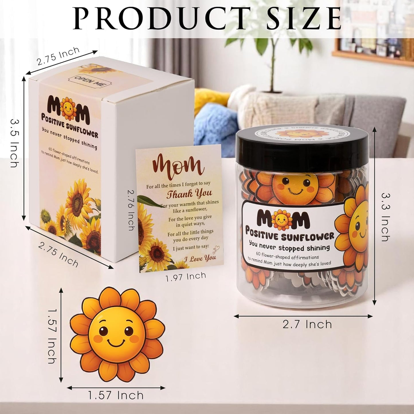 Positive Sunflower Jar for Mom, Affirmation Cards, Inspirational, Self Care Gifts for Women, Emotional Support, Encouragement Cards, Birthday Gift for Mom from Daughter, Son