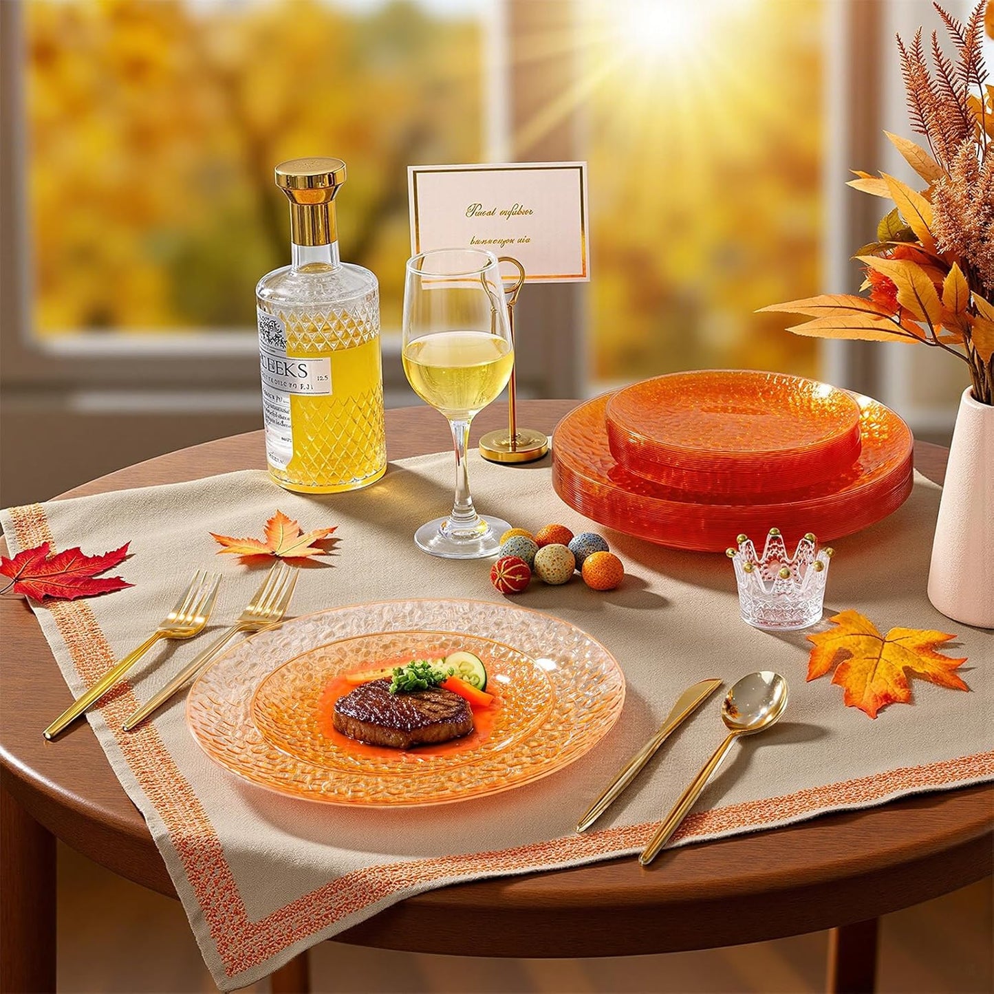 Rubtlamp 60Pcs Thanksgiving Plastic Plates, Orange Plastic Disposable Plates With Hammered Design, Orange Party Platos, Fancy Disposable Platos Include 30Dinner Plate,30Desssert Plate For Party