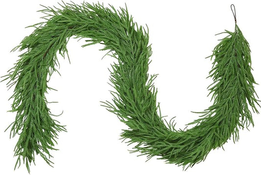 9FT Norfolk Pine Christmas Garland, Real Touch Artificial Greenery Garland for Indoor Outdoor Holiday Decor, Faux Pine Garland with Realistic Needles