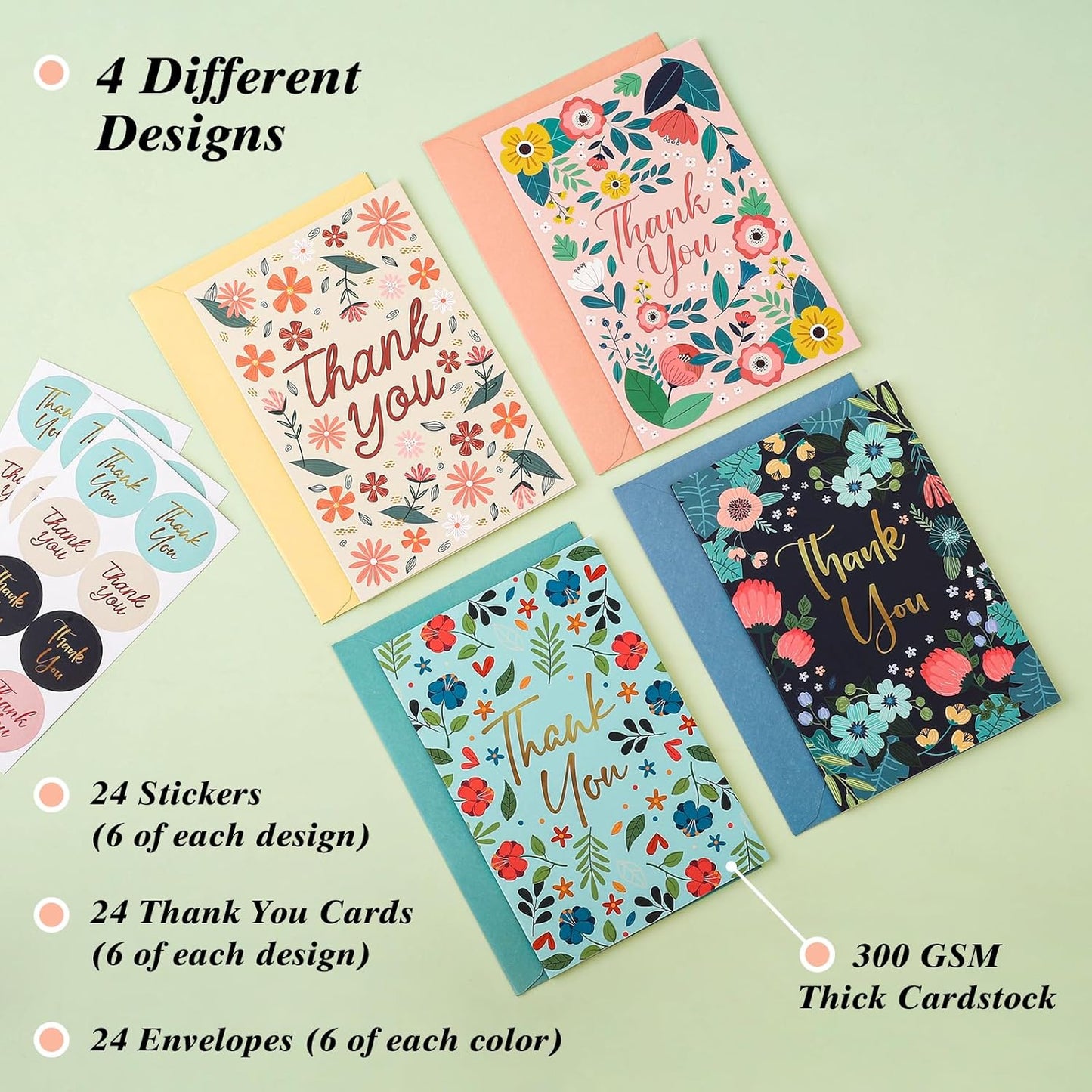 24 Pack Thank You Cards with Envelopes, 4x6 Inch Thank You Cards with Envelopes & Stickers, Greeting Card for Birthday, Wedding, Baby Shower, Bridal Shower, Thanksgiving, Christmas