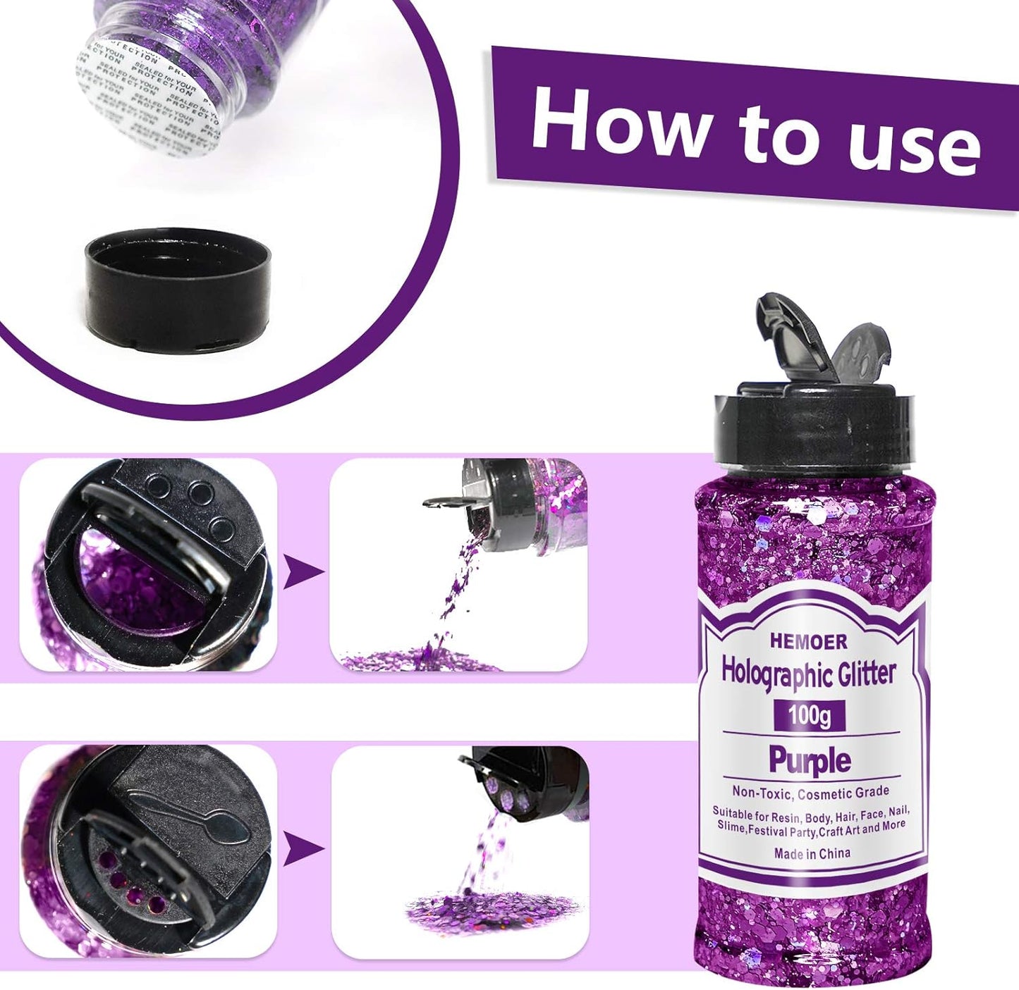 HEMOER Purple Glitter, 100g/3.5oz Holographic Chunky Glitter Mixed Hexagon Chunky & Fine Flakes Iridescent Sequins for Epoxy Crafts, Resin, Nail Body, Tumblers, Festival Party