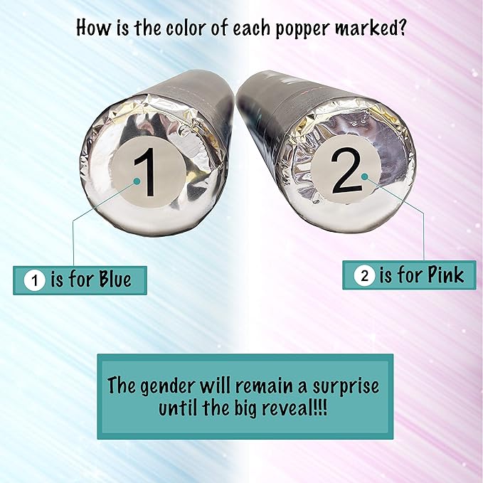 Gender Reveal Confetti and Powder Popper for Themed Baby Boy or Girl Gender Reveal Party and Celebration (Staches Or Lashes, What Will You Be?) Set of 2 Poppers. (Blue Confetti & Powder, Set of 2)